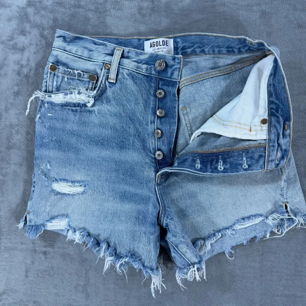 AGOLDE Parker Cut Off Shorts Women's Size 28 Light Blue Distressed Button Fly